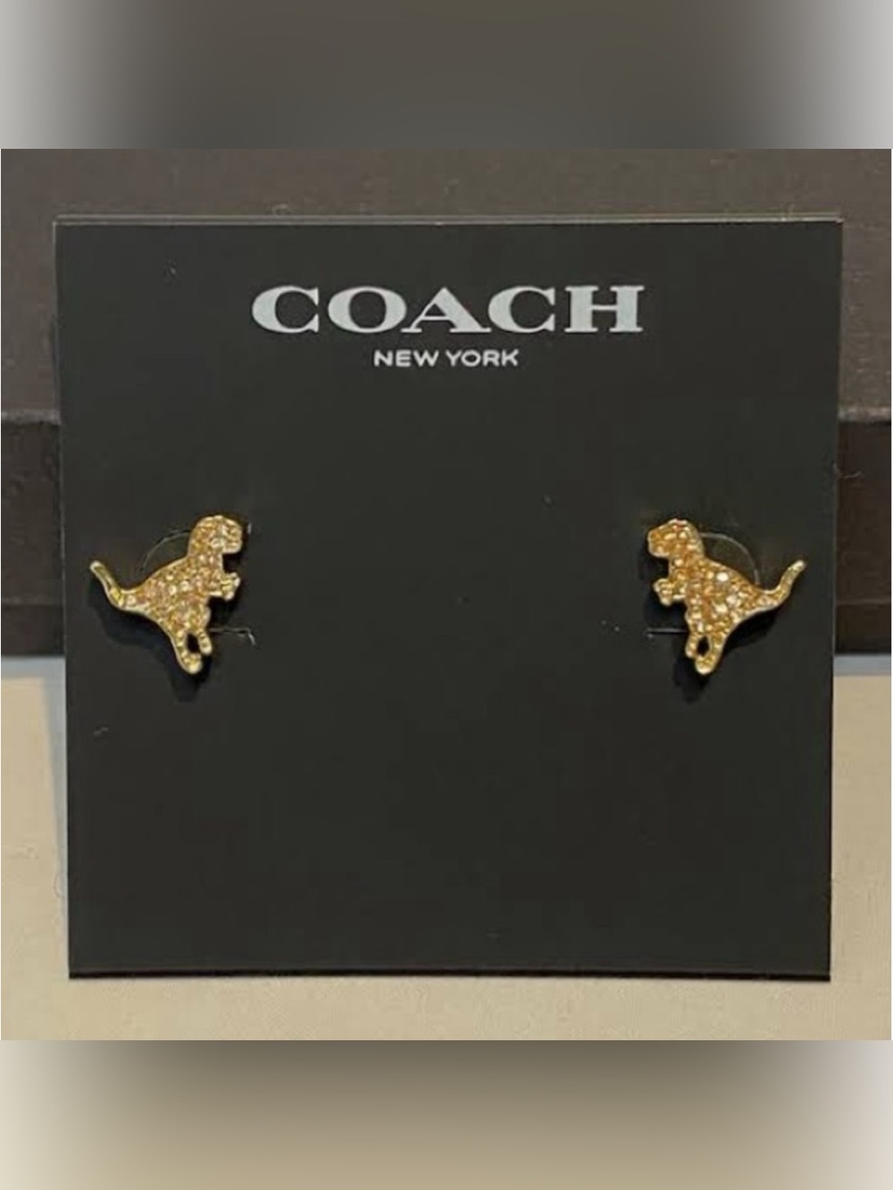 🦖NWT COACH Gold Rexy Crystal Stud Earrings T-Rex Dinosaur w/ Dust Bag